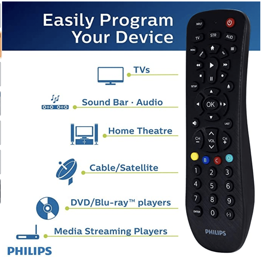 Philips Remote Control for Samsung, Vizio, LG, Sony, Sharp, Roku, Apple TV, RCA, Panasonic, Smart TVs, Streaming Players, Blu-ray, DVD, 3-Device, Black, SRP9232D/27