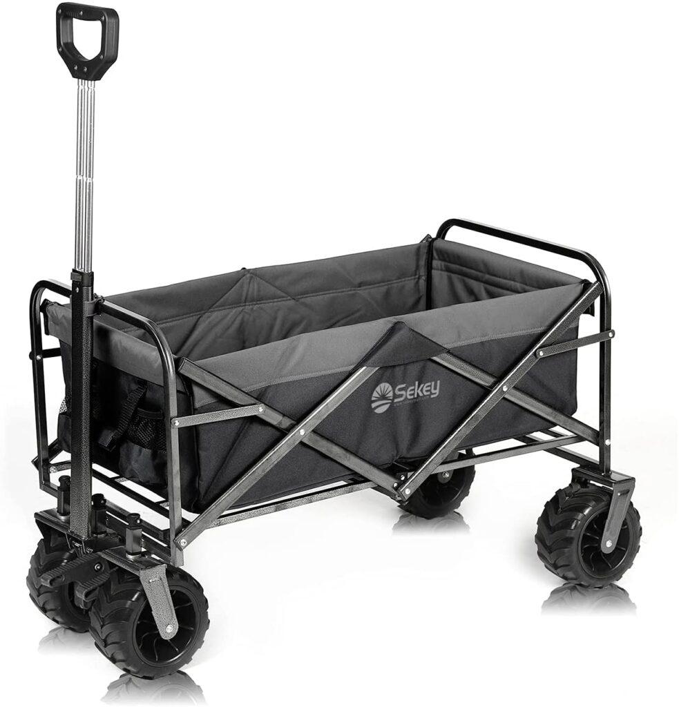 Sekey Folding Wagon Cart with Brake Collapsible Outdoor Utility Wagon Garden Shopping Cart Beach Wagon with All-Terrain Wheels, 265 Pound Capacity, Black with Grey