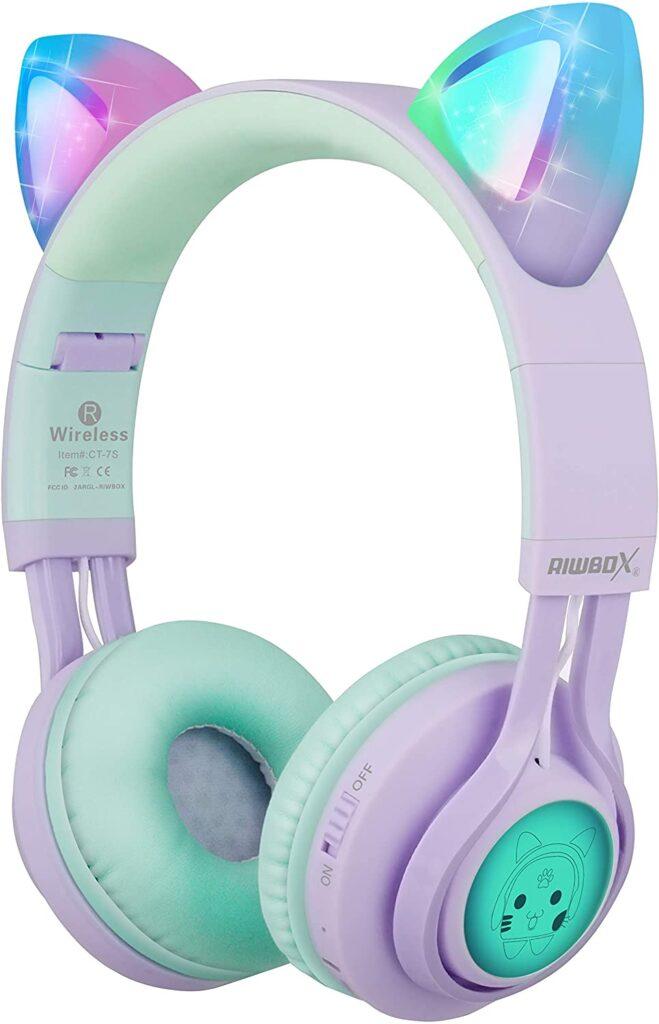 Kids Headphones, Riwbox CT-7S Cat Ear Bluetooth Headphones 85dB Volume Limiting,LED Light Up Kids Wireless Headphones Over Ear with Microphone for Laptop/PC/TV (Purple&Green)