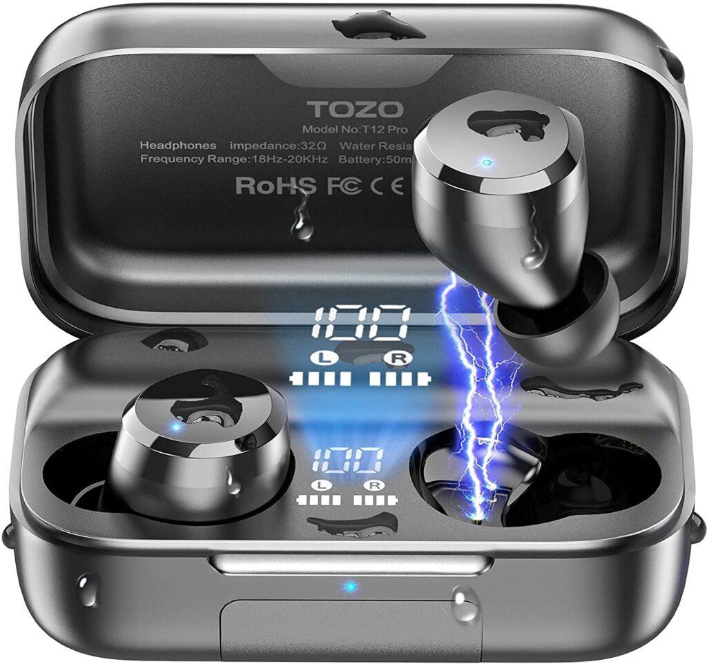 TOZO T12 Pro Wireless Earbuds Bluetooth Headphones with Qualcomm QCC3040 4 Mics CVC 8.0 Call Noise Cancelling and aptX Stereo Headset 2500mAh Wireless Charging Case IPX8 Waterproof Earphones Black