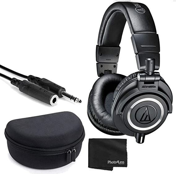 Audio-Technica ATH-M50x Closed-Back Professional Monitor Headphones - 90° Swiveling Earcups (Black) + Headphone Case + 1/4 inch TRS Extension Cable + Cloth – Deluxe Headphone Bundle