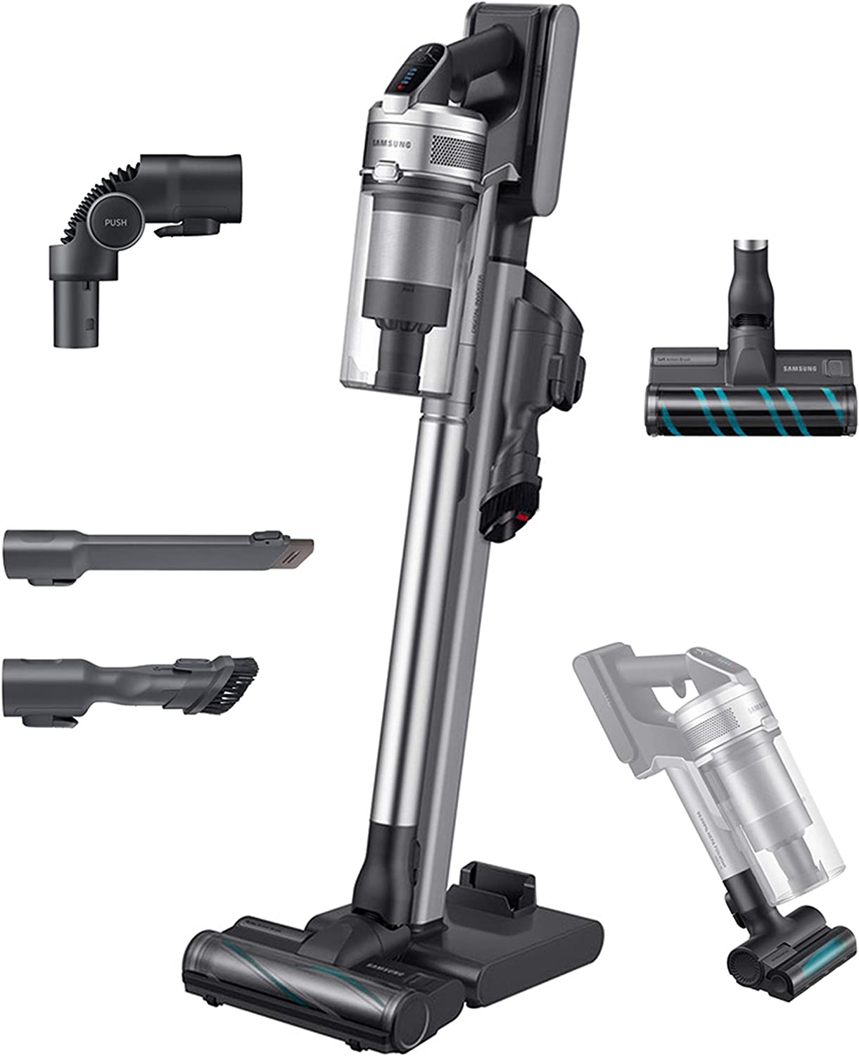 Samsung Jet 90 Stick Cordless Lightweight Vacuum Cleaner with Removable Long Lasting Battery and 200 Air Watt Suction Power, Complete with Telescopic Pipe, Titan Silver