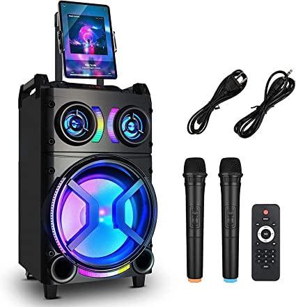 Karaoke Machine for Adults and Kids, URMIIM & GEBER Portable Bluetooth PA Speaker System with 2 Wireless Microphones, Disco Lights, Wheels, Rechargeable Party Speaker for Indoor & Outdoor Use