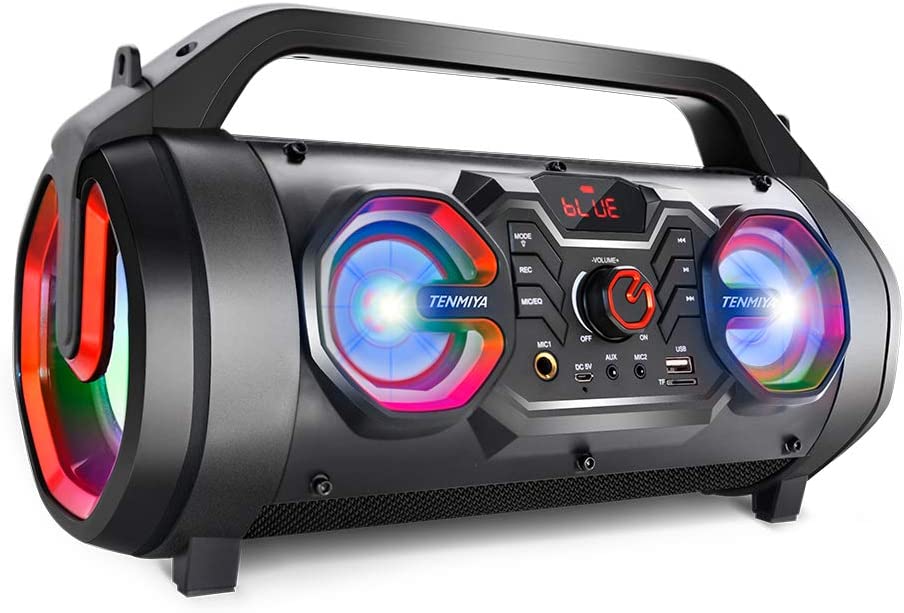 Portable Bluetooth Speakers, 30W Loud Outdoor Speakers with Subwoofer, FM Radio, RGB Colorful Lights, EQ, Stereo Sound, 10H Playtime Boombox Wireless Speaker for Home, Party, Camping, Travel