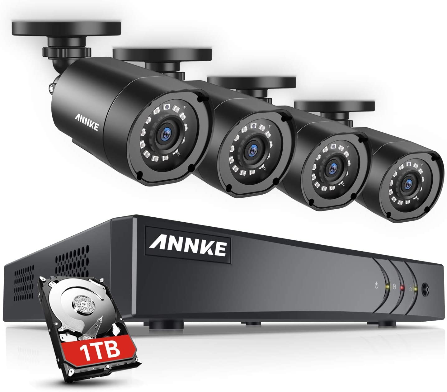 ANNKE 8Channel Security Camera System 1080P Lite H.264+ DVR with 1TB Surveillance HDD and (4) 720P Weatherproof Cameras with Build-in IR-cut filter, Smart Playback, Instant email alert with images