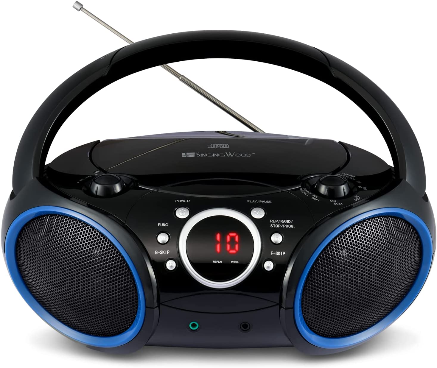 SINGING WOOD 030C Portable CD Player Boombox with AM FM Stereo Radio, Aux Line in, Headphone Jack, Supported AC or Battery Powered (Black with a Touch of Blue Rims)