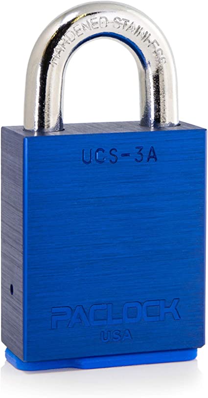 PACLOCK's UCS-3A Padlock, Buy American Act Compliant, 1-3/16" Tall Hard. Stainless Steel Shackle, High Security 6-Pin Cylinder, One Lock Keyed to a Number U-Pick! w/ 2 Keys, Blue Anodized Aluminum