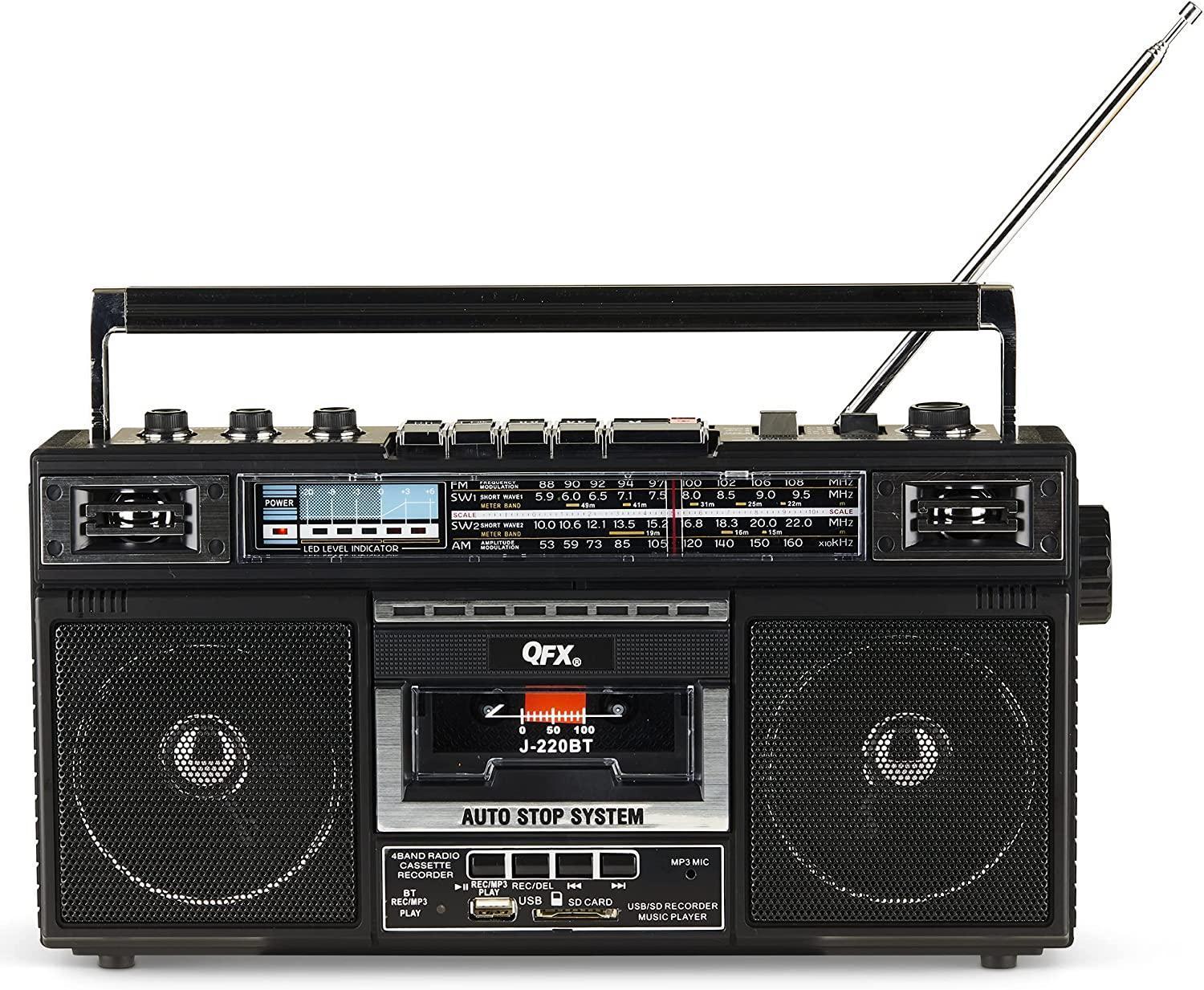 QFX J-220BT ReRun X Cassette Player/Recorder Boombox 4-Band (AM, FM, SW1, SW2) Bluetooth Portable Recording Boombox with Dual 3” Speakers, Built-in Microphone, 3-Band Equalizer