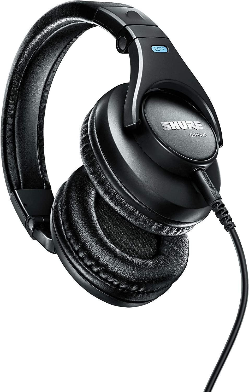 Shure SRH440 Professional Studio Headphones, Enhanced Frequency Response and Extended Range for Home and Studio Recording, with Detachable Coiled Cable, Carrying Bag and 1/4" Adapter (SRH440-BK)
