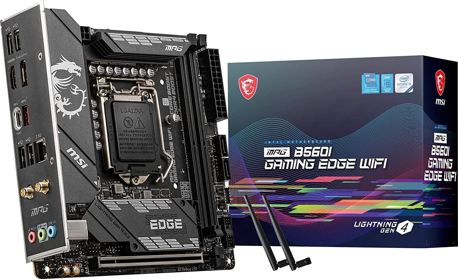 MSI MPG B560I Gaming Edge WiFi Gaming Motherboard (m-ITX, 11th/10th Gen Intel Core, LGA 1200 Socket, DDR4, CFX, M.2 Slots, USB 3.2 Gen 2, 2.5G LAN, DP/HDMI, Wi-Fi 6E)