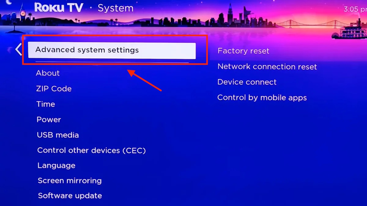 Advanced settings for how to reset roku tv